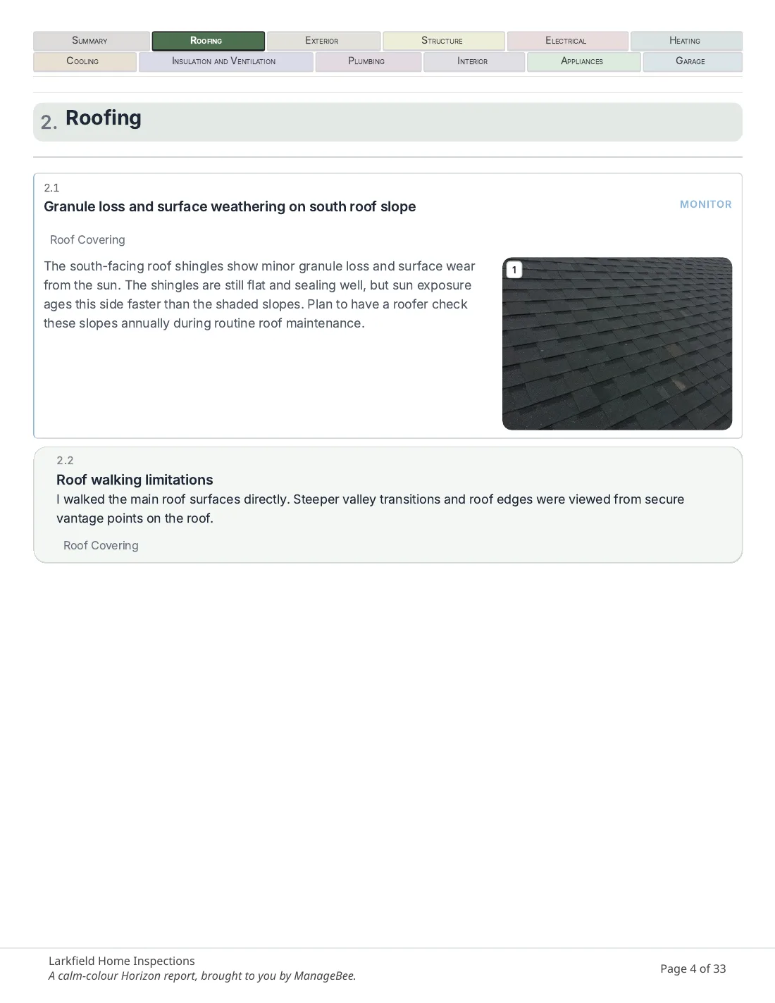 A PDF page from a report in ManageBee: two rows of soft color tabs across the top with the Roofing tab filled in dark green, above the Roofing findings and their photos.