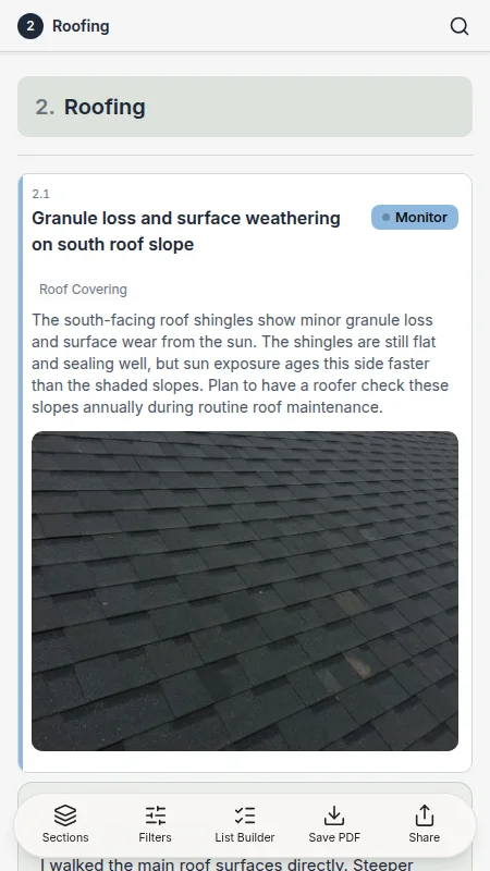 The calm report open on a phone: the Roofing section heading, then a finding about worn shingles with its photo.