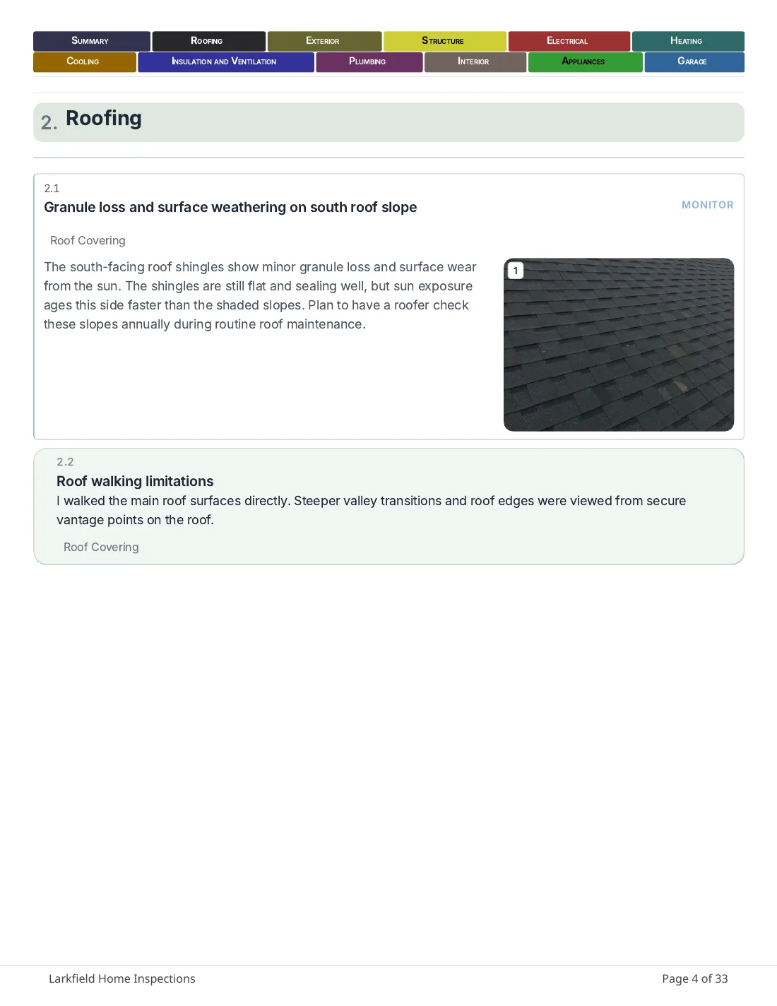 A PDF page from a report in ManageBee: two rows of classic color tabs across the top, one per section, above the Roofing findings and their photos.