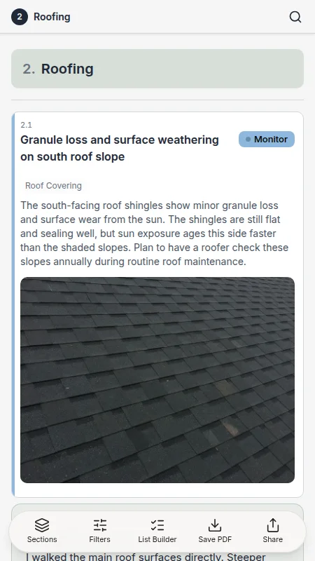 The same report open on a phone: the Roofing section heading, then a finding about worn shingles with its photo.