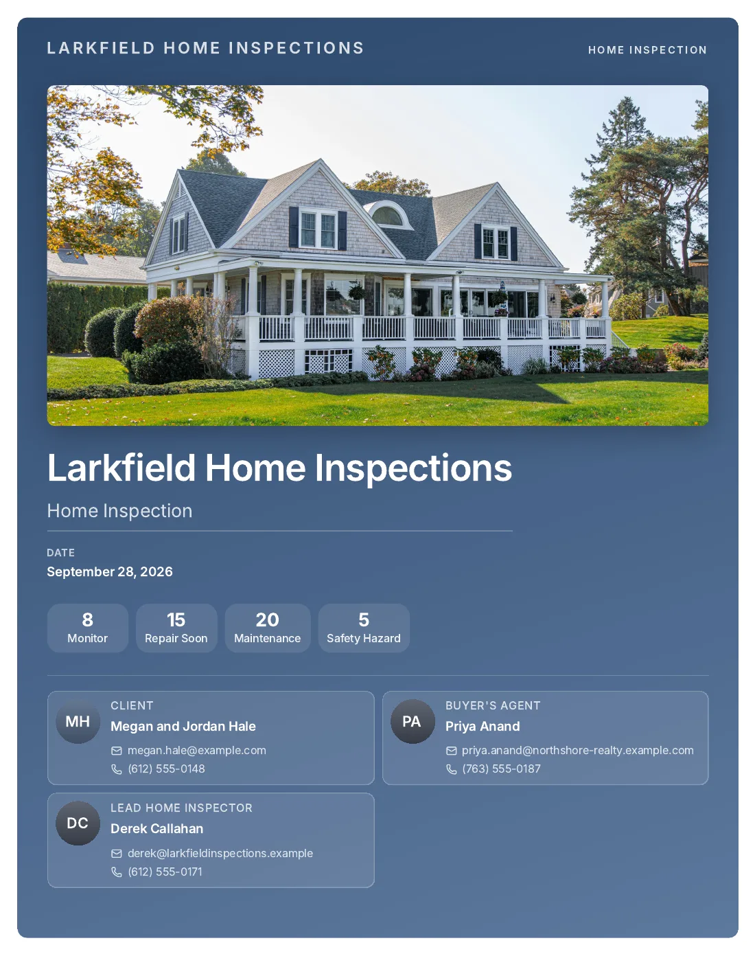 A report cover in the company's own blue: the house photo, the address, the counts by priority and the people on the job.