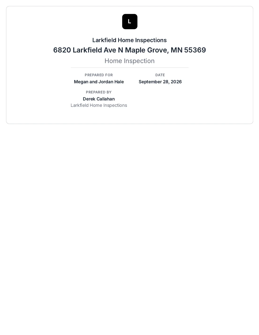 A plain report cover: the company logo, the address, the report name, who it is for, who prepared it and the date, with no photo and no color.