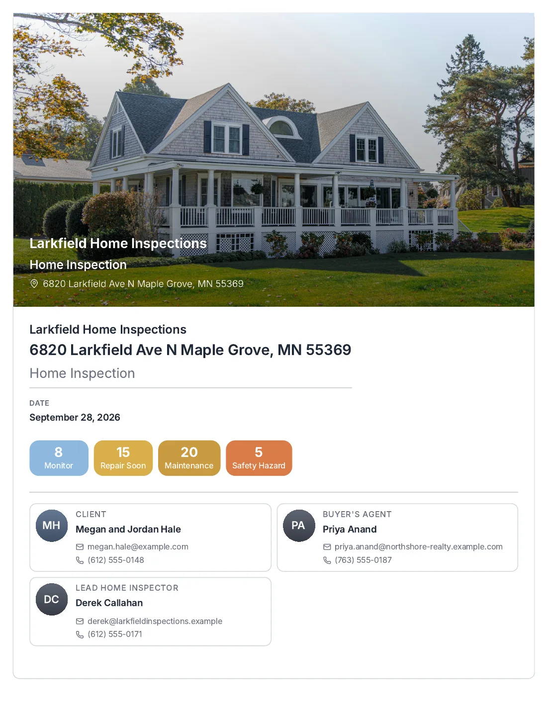 A report cover led by a large photo of the house with the company name and address over it, then the counts and the people on the job.