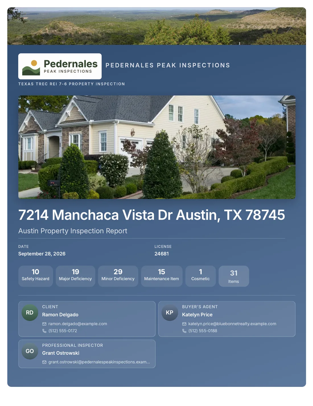 The cover of the Austin report: a blue brand cover with the company name, a photo of the two-story house, the address, the count of findings, and cards for the people on the job.