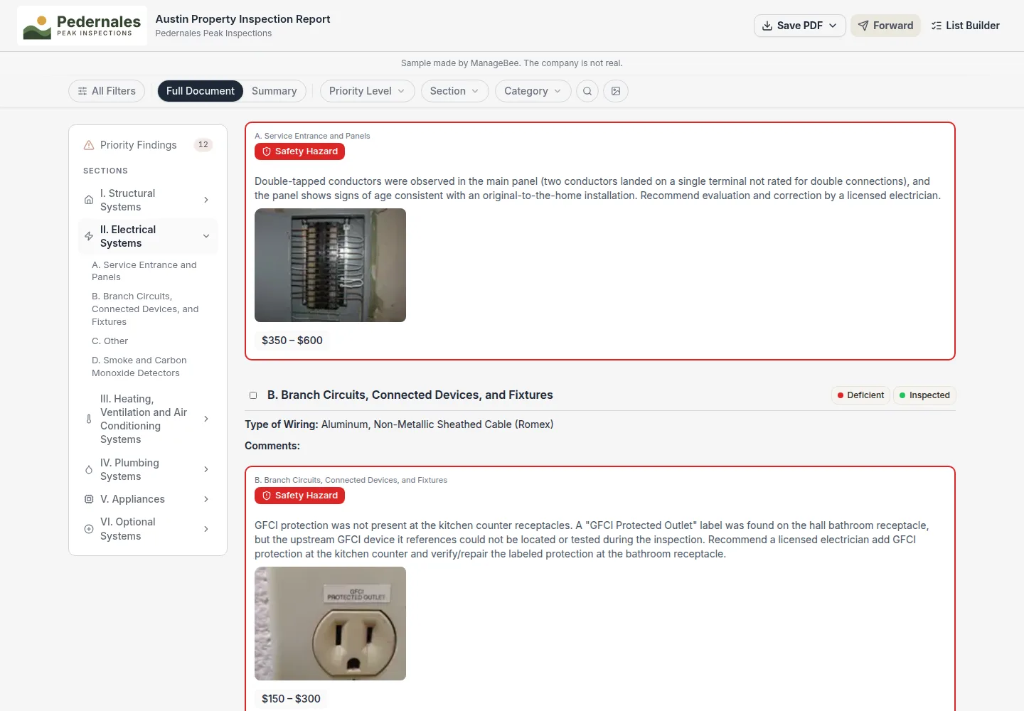 The same report open in a browser: two safety findings outlined in red, double-tapped breakers and a missing kitchen GFCI, each with its photo.