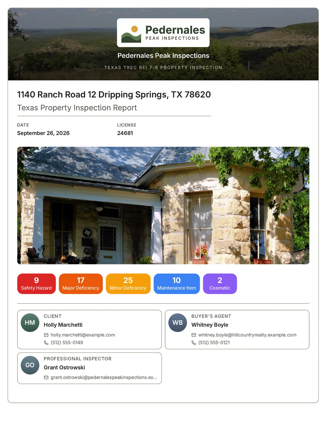 The first page of a TREC REI 7-6 report made in ManageBee: the company's banner, the address, a photo of the house, and how many findings of each kind