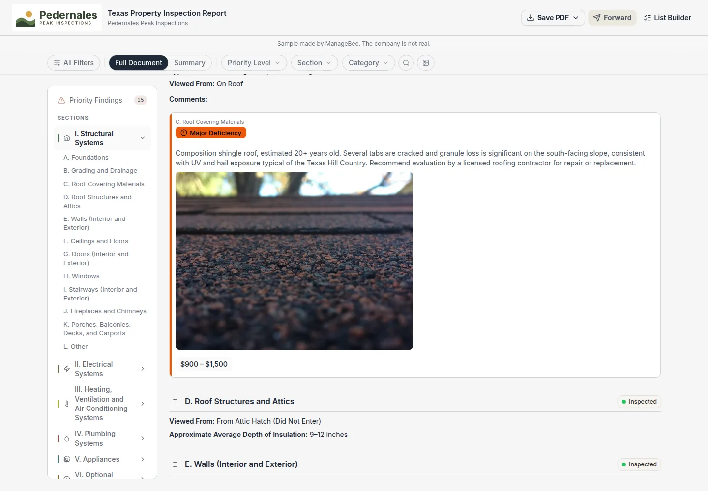 The same report open in a browser: the section list down the left, and a finding about worn roof shingles with its photo.
