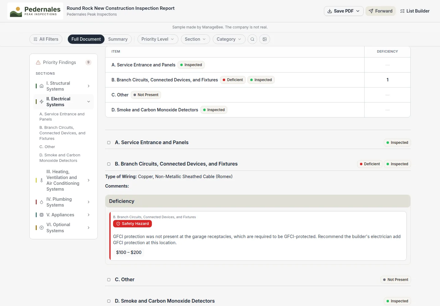 The same report open in a browser: the electrical section's table of items, and a safety finding about missing garage GFCI protection.