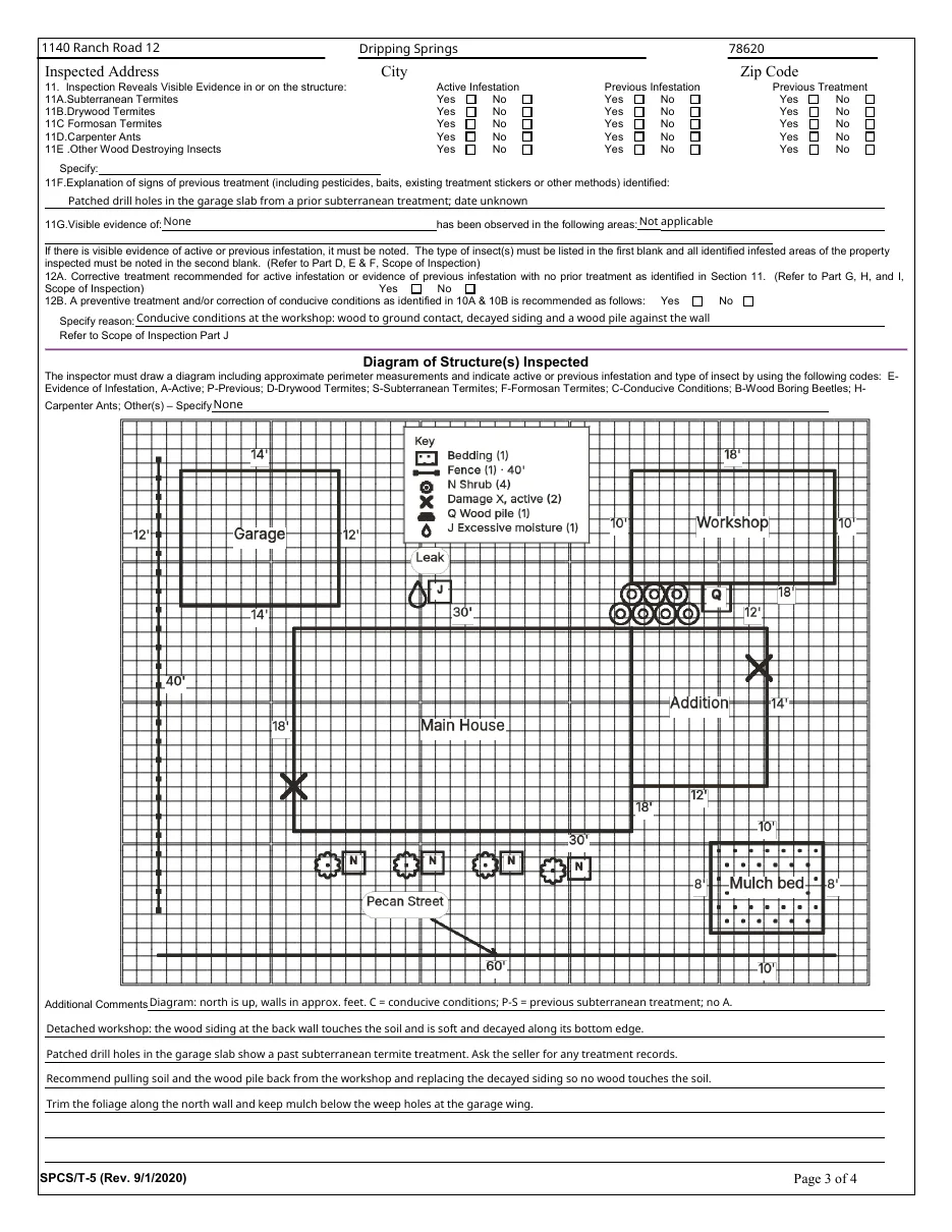 Page 3 of the T-5: the state's checkboxes for visible evidence, then the graph grid with a drawing of the house, addition, garage, workshop, fence, shrubs, wood pile and mulch bed, a damage X, letter codes and a key.